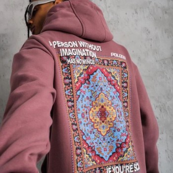 Erkek 3 İplik Pamuklu Kapüşonlu Baskılı Cepli Sweatshirt Hoodie - Gül Kurusu