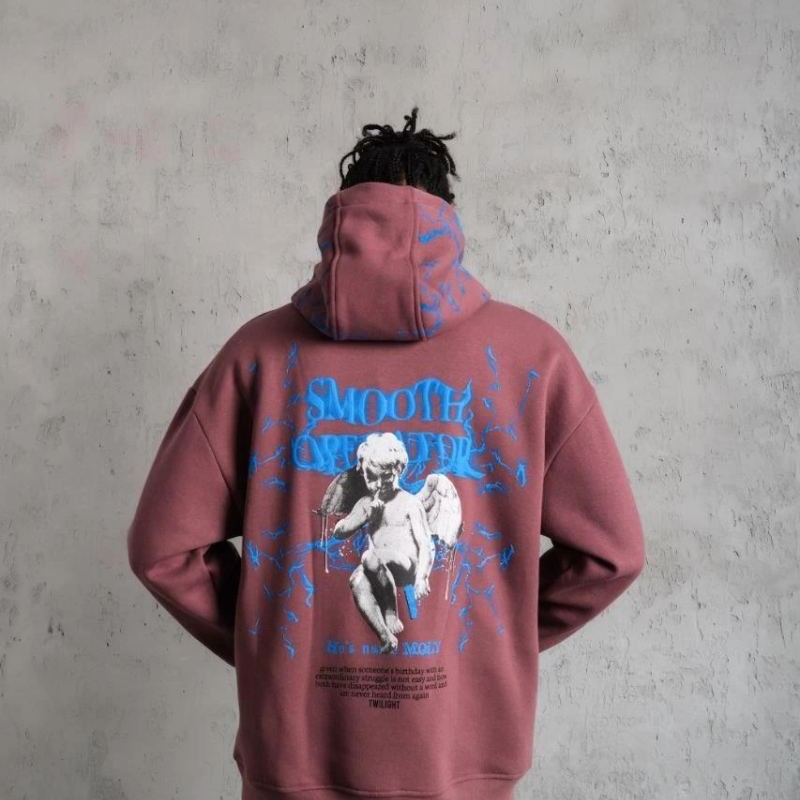 Erkek 3 İplik Pamuklu Kapüşonlu Baskılı Cepli Sweatshirt Hoodie - Gül Kurusu