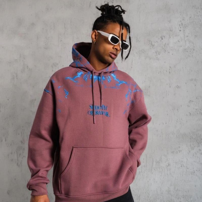Erkek 3 İplik Pamuklu Kapüşonlu Baskılı Cepli Sweatshirt Hoodie - Gül Kurusu