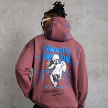 Erkek 3 İplik Pamuklu Kapüşonlu Baskılı Cepli Sweatshirt Hoodie - Gül Kurusu