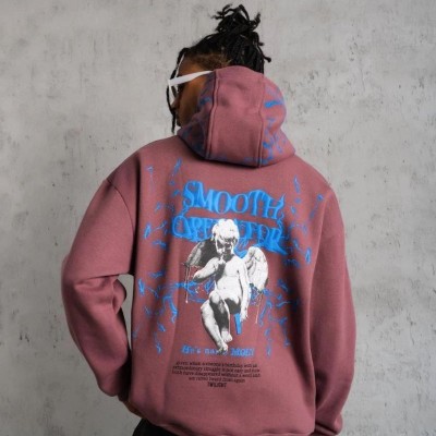 Erkek 3 İplik Pamuklu Kapüşonlu Baskılı Cepli Sweatshirt Hoodie - Gül Kurusu