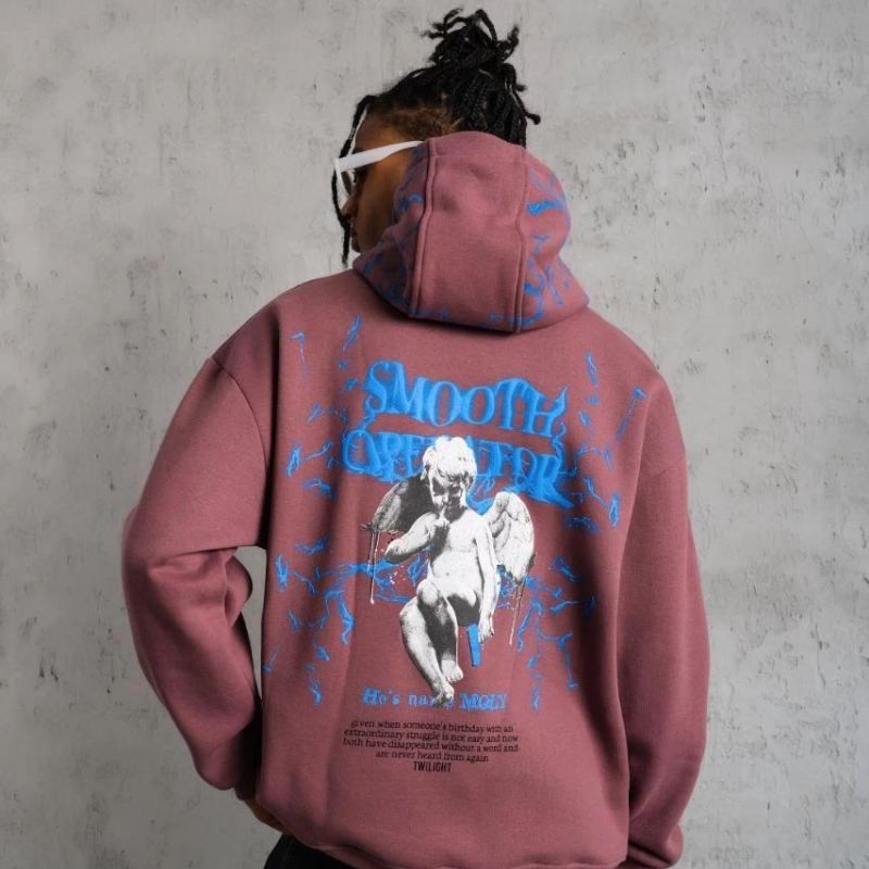 Erkek 3 İplik Pamuklu Kapüşonlu Baskılı Cepli Sweatshirt Hoodie - Gül Kurusu