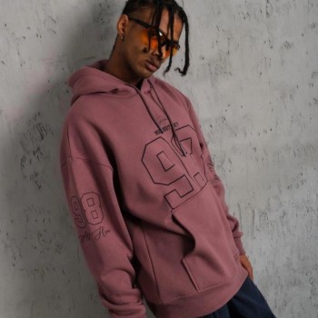 Erkek 3 İplik Pamuklu Kapüşonlu Baskılı Cepli Sweatshirt Hoodie - Gül Kurusu
