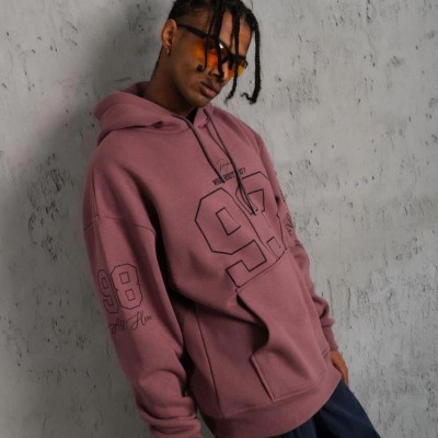 Erkek 3 İplik Pamuklu Kapüşonlu Baskılı Cepli Sweatshirt Hoodie - Gül Kurusu