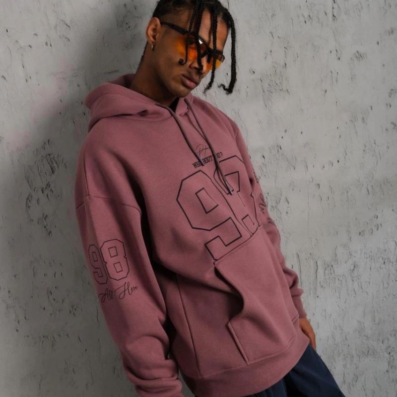 Erkek 3 İplik Pamuklu Kapüşonlu Baskılı Cepli Sweatshirt Hoodie - Gül Kurusu
