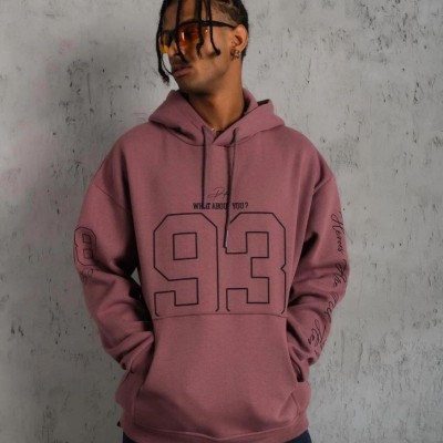 Erkek 3 İplik Pamuklu Kapüşonlu Baskılı Cepli Sweatshirt Hoodie - Gül Kurusu