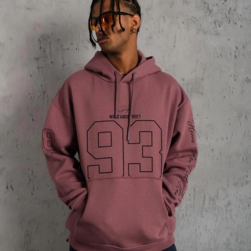 Erkek 3 İplik Pamuklu Kapüşonlu Baskılı Cepli Sweatshirt Hoodie - Gül Kurusu