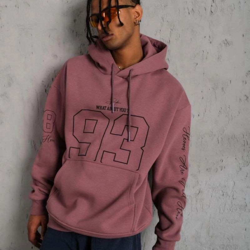 Erkek 3 İplik Pamuklu Kapüşonlu Baskılı Cepli Sweatshirt Hoodie - Gül Kurusu