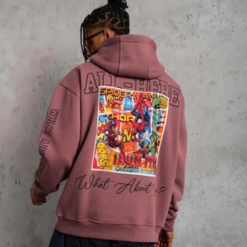 Erkek 3 İplik Pamuklu Kapüşonlu Baskılı Cepli Sweatshirt Hoodie - Gül Kurusu