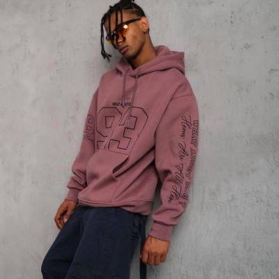 Erkek 3 İplik Pamuklu Kapüşonlu Baskılı Cepli Sweatshirt Hoodie - Gül Kurusu