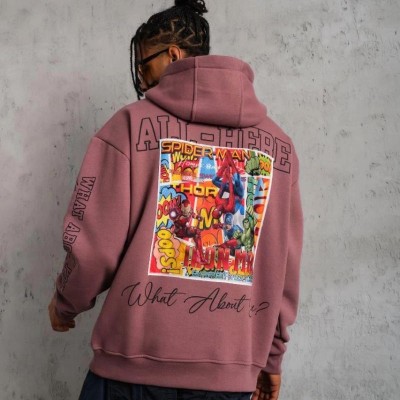 Erkek 3 İplik Pamuklu Kapüşonlu Baskılı Cepli Sweatshirt Hoodie - Gül Kurusu