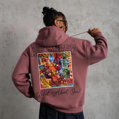 Erkek 3 İplik Pamuklu Kapüşonlu Baskılı Cepli Sweatshirt Hoodie - Gül Kurusu