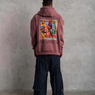 Erkek 3 İplik Pamuklu Kapüşonlu Baskılı Cepli Sweatshirt Hoodie - Gül Kurusu