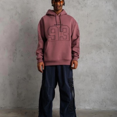 Erkek 3 İplik Pamuklu Kapüşonlu Baskılı Cepli Sweatshirt Hoodie - Gül Kurusu