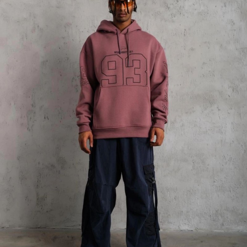 Erkek 3 İplik Pamuklu Kapüşonlu Baskılı Cepli Sweatshirt Hoodie - Gül Kurusu