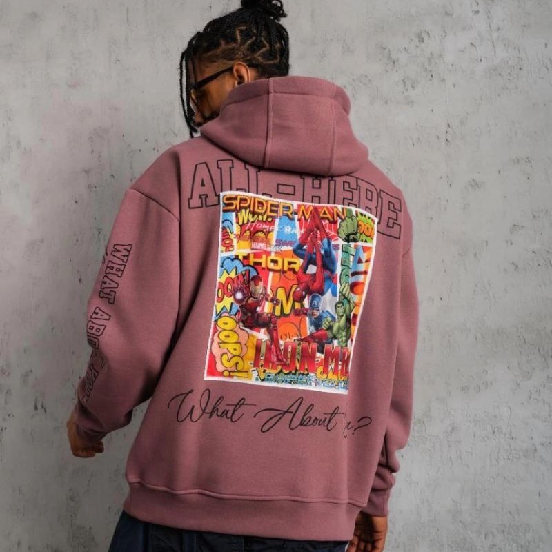 Erkek 3 İplik Pamuklu Kapüşonlu Baskılı Cepli Sweatshirt Hoodie - Gül Kurusu