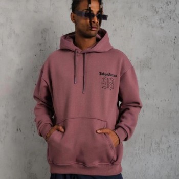 Erkek 3 İplik Pamuklu Kapüşonlu Baskılı Cepli Sweatshirt Hoodie - Gül Kurusu
