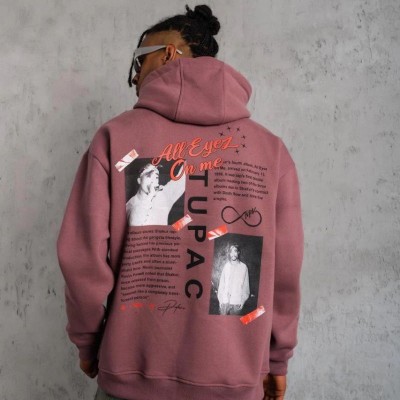 Erkek 3 İplik Pamuklu Kapüşonlu Baskılı Cepli Sweatshirt Hoodie - Gül Kurusu