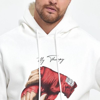 Erkek 3 İplik Pamuklu Kapüşonlu Cepli Box Eldiven Baskılı Hoodie Sweatshirt - Beyaz