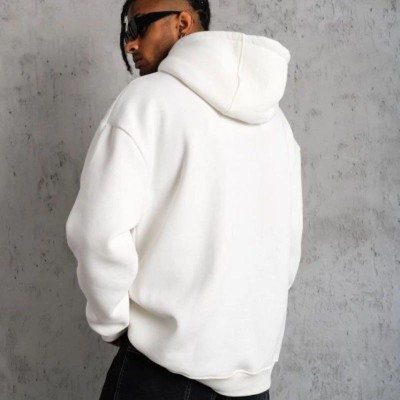Erkek 3 İplik Pamuklu Kapüşonlu Cepli Düz Oversize Hoodie Sweatshirt - Beyaz