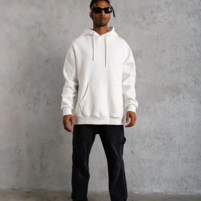 Erkek 3 İplik Pamuklu Kapüşonlu Cepli Düz Oversize Hoodie Sweatshirt - Beyaz