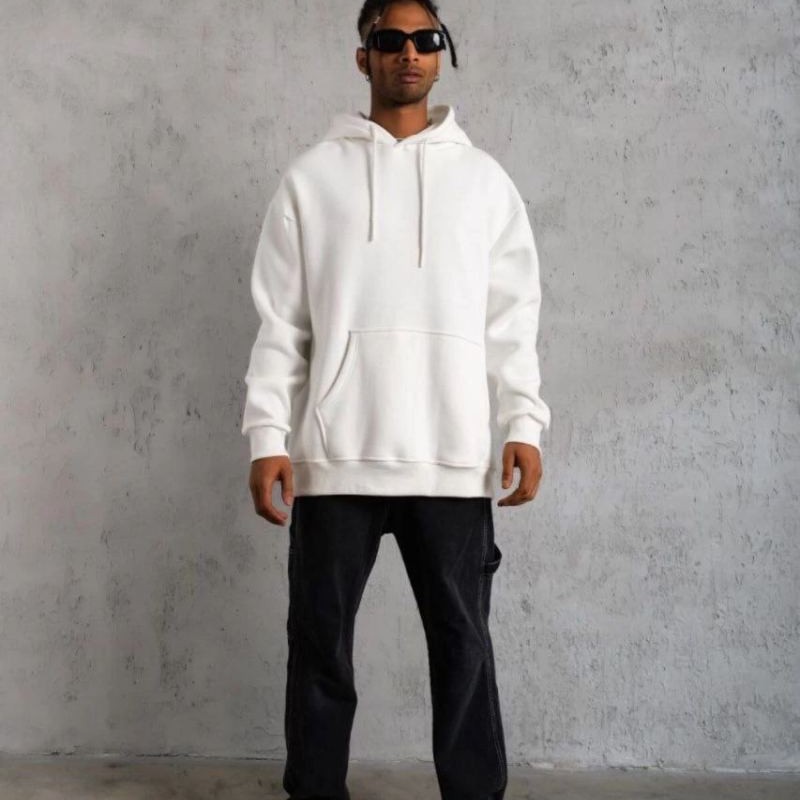Erkek 3 İplik Pamuklu Kapüşonlu Cepli Düz Oversize Hoodie Sweatshirt - Beyaz