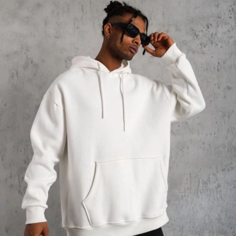 Erkek 3 İplik Pamuklu Kapüşonlu Cepli Düz Oversize Hoodie Sweatshirt - Beyaz