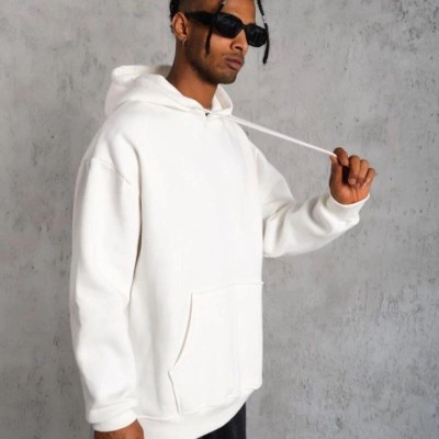 Erkek 3 İplik Pamuklu Kapüşonlu Cepli Düz Oversize Hoodie Sweatshirt - Beyaz