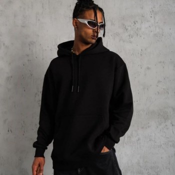 Erkek 3 İplik Pamuklu Kapüşonlu Cepli Düz Oversize Hoodie Sweatshirt - Siyah