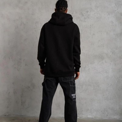 Erkek 3 İplik Pamuklu Kapüşonlu Cepli Düz Oversize Hoodie Sweatshirt - Siyah
