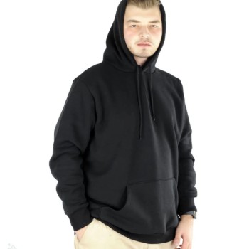 Erkek 3 İplik Pamuklu Kapüşonlu Cepli Oversize Hoodie Sweatshirt - Siyah
