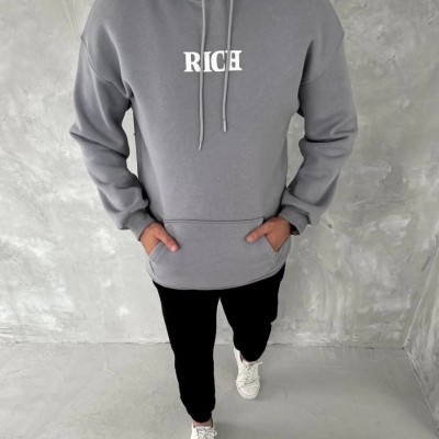 Erkek 3 İplik Pamuklu Kapüşonlu Kanguru Cepli Baskılı Oversize Hoodie Sweatshirt - Gri