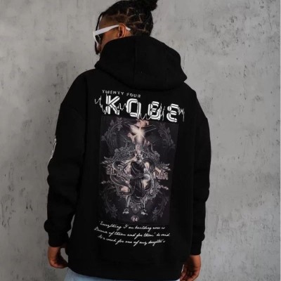 Erkek 3 İplik Pamuklu Kapüşonlu Kanguru Cepli Baskılı Oversize Hoodie Sweatshirt - Siyah