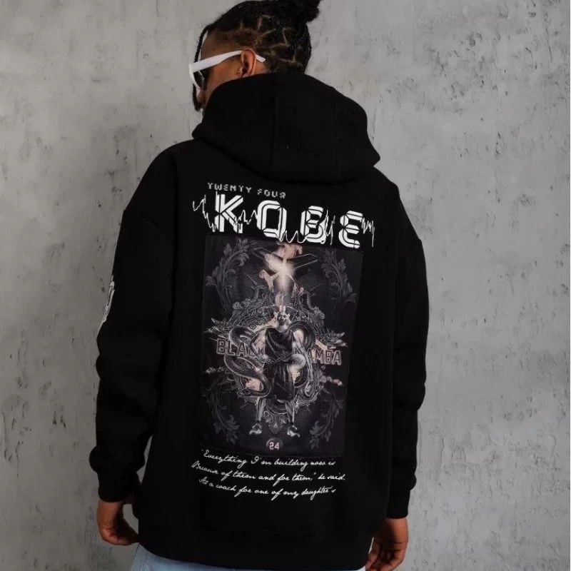 Erkek 3 İplik Pamuklu Kapüşonlu Kanguru Cepli Baskılı Oversize Hoodie Sweatshirt - Siyah