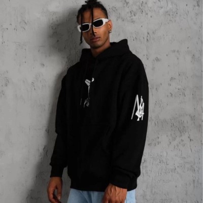 Erkek 3 İplik Pamuklu Kapüşonlu Kanguru Cepli Baskılı Oversize Hoodie Sweatshirt - Siyah