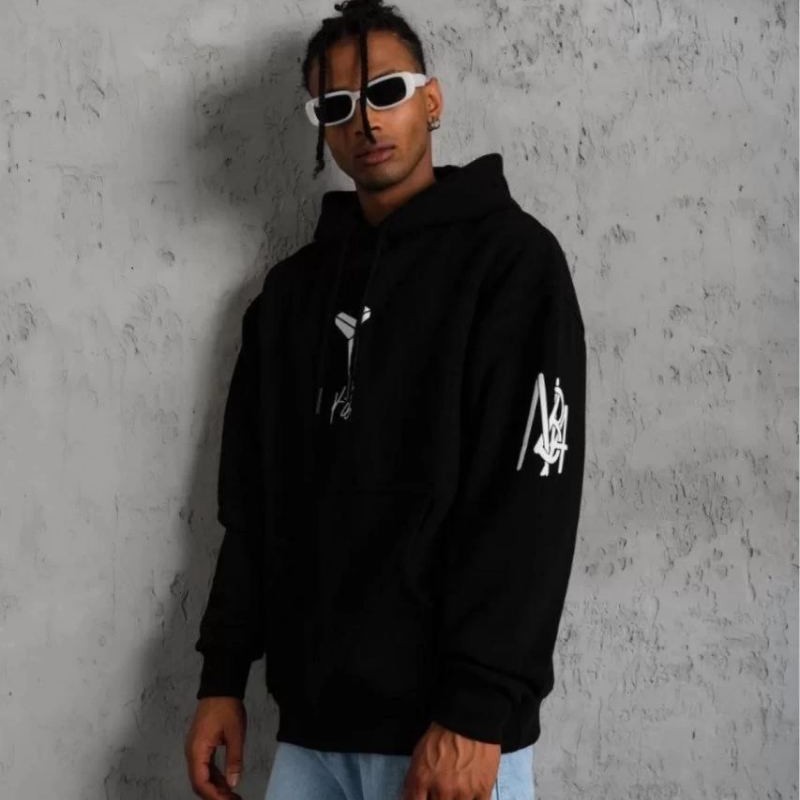 Erkek 3 İplik Pamuklu Kapüşonlu Kanguru Cepli Baskılı Oversize Hoodie Sweatshirt - Siyah
