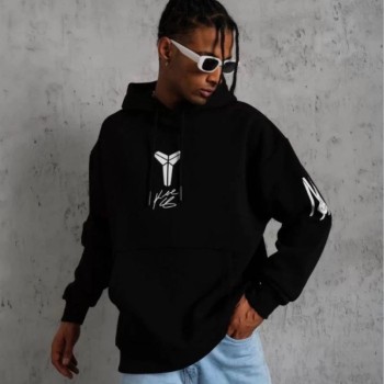 Erkek 3 İplik Pamuklu Kapüşonlu Kanguru Cepli Baskılı Oversize Hoodie Sweatshirt - Siyah