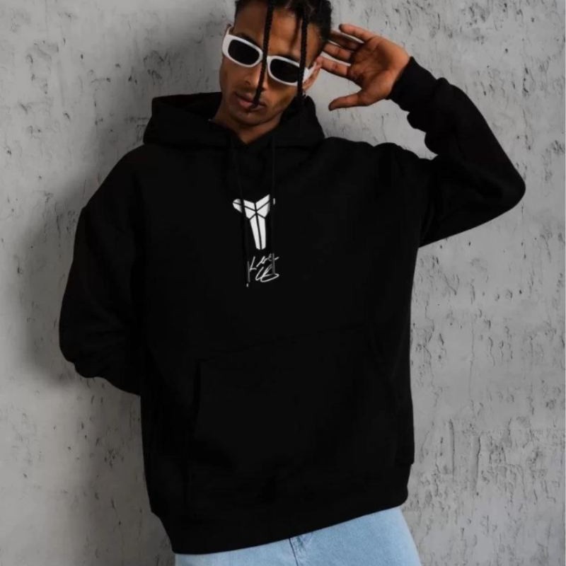 Erkek 3 İplik Pamuklu Kapüşonlu Kanguru Cepli Baskılı Oversize Hoodie Sweatshirt - Siyah