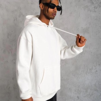 Erkek 3 İplik Pamuklu Kapüşonlu Kanguru Cepli Sweatshirt Hoodie - Beyaz