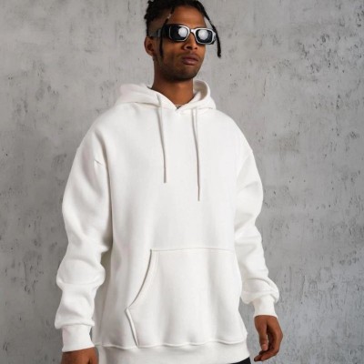 Erkek 3 İplik Pamuklu Kapüşonlu Kanguru Cepli Sweatshirt Hoodie - Beyaz