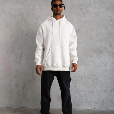 Erkek 3 İplik Pamuklu Kapüşonlu Kanguru Cepli Sweatshirt Hoodie - Beyaz