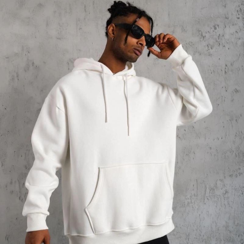 Erkek 3 İplik Pamuklu Kapüşonlu Kanguru Cepli Sweatshirt Hoodie - Beyaz