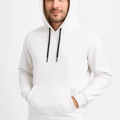 Erkek 3 İplik Pamuklu Kapüşonlu Kanguru Cepli SweatShirt hoodie - Beyaz