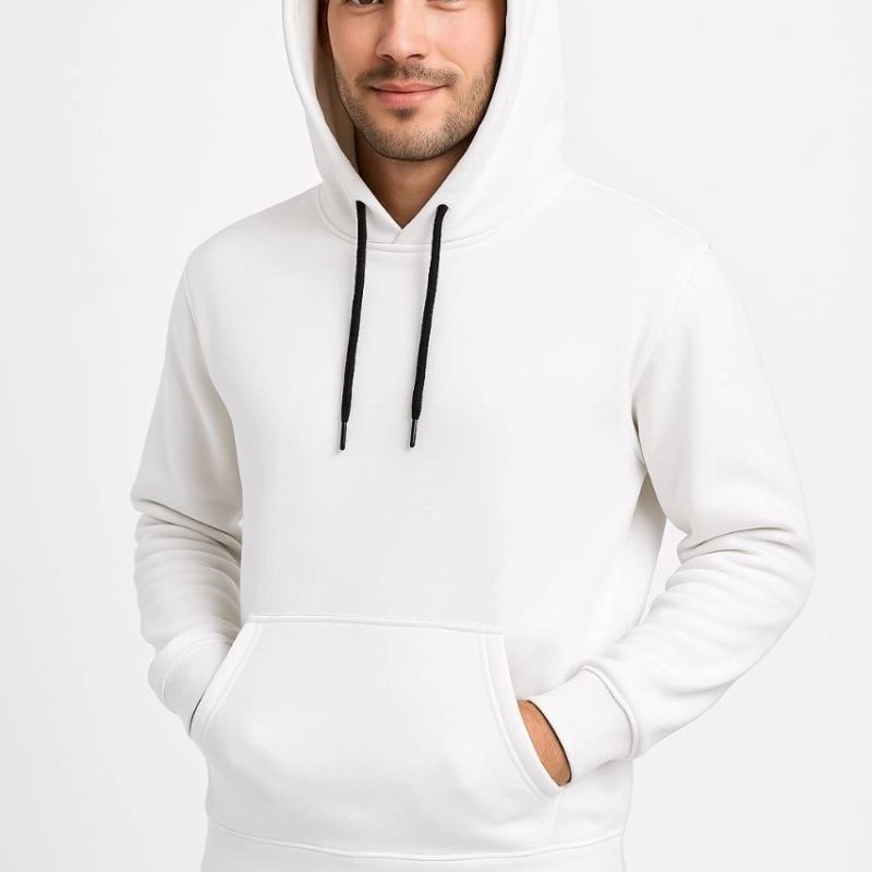 Erkek 3 İplik Pamuklu Kapüşonlu Kanguru Cepli SweatShirt hoodie - Beyaz