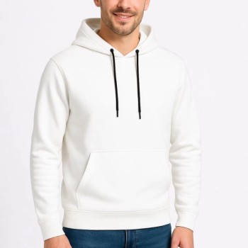 Erkek 3 İplik Pamuklu Kapüşonlu Kanguru Cepli SweatShirt hoodie - Beyaz