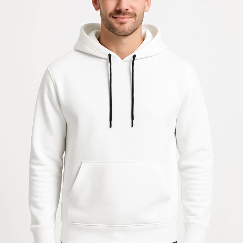 Erkek 3 İplik Pamuklu Kapüşonlu Kanguru Cepli SweatShirt hoodie - Beyaz