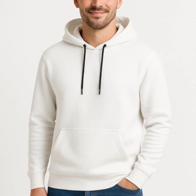 Erkek 3 İplik Pamuklu Kapüşonlu Kanguru Cepli SweatShirt hoodie - Beyaz