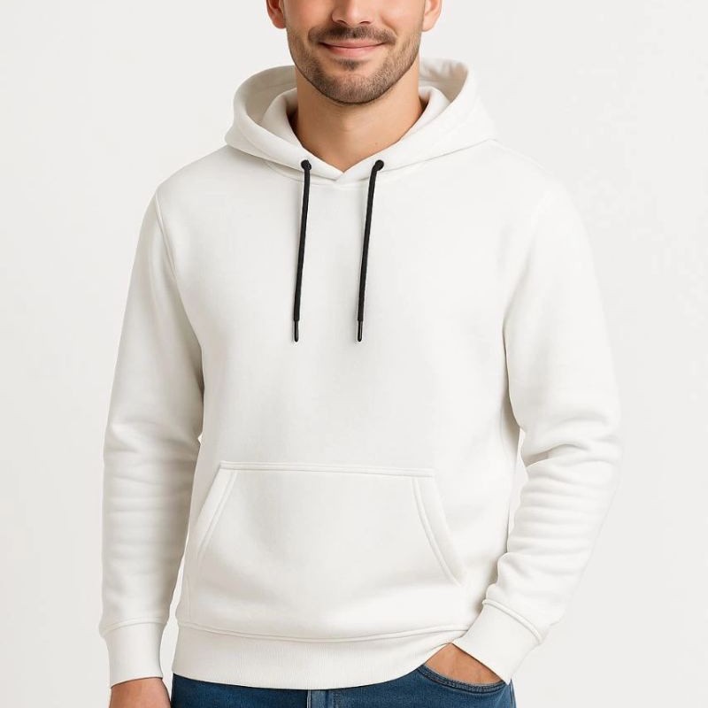 Erkek 3 İplik Pamuklu Kapüşonlu Kanguru Cepli SweatShirt hoodie - Beyaz