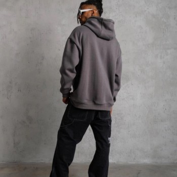 Erkek 3 İplik Pamuklu Kapüşonlu Kanguru Cepli Sweatshirt Hoodie - Gri