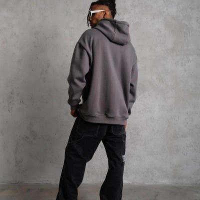 Erkek 3 İplik Pamuklu Kapüşonlu Kanguru Cepli Sweatshirt Hoodie - Gri
